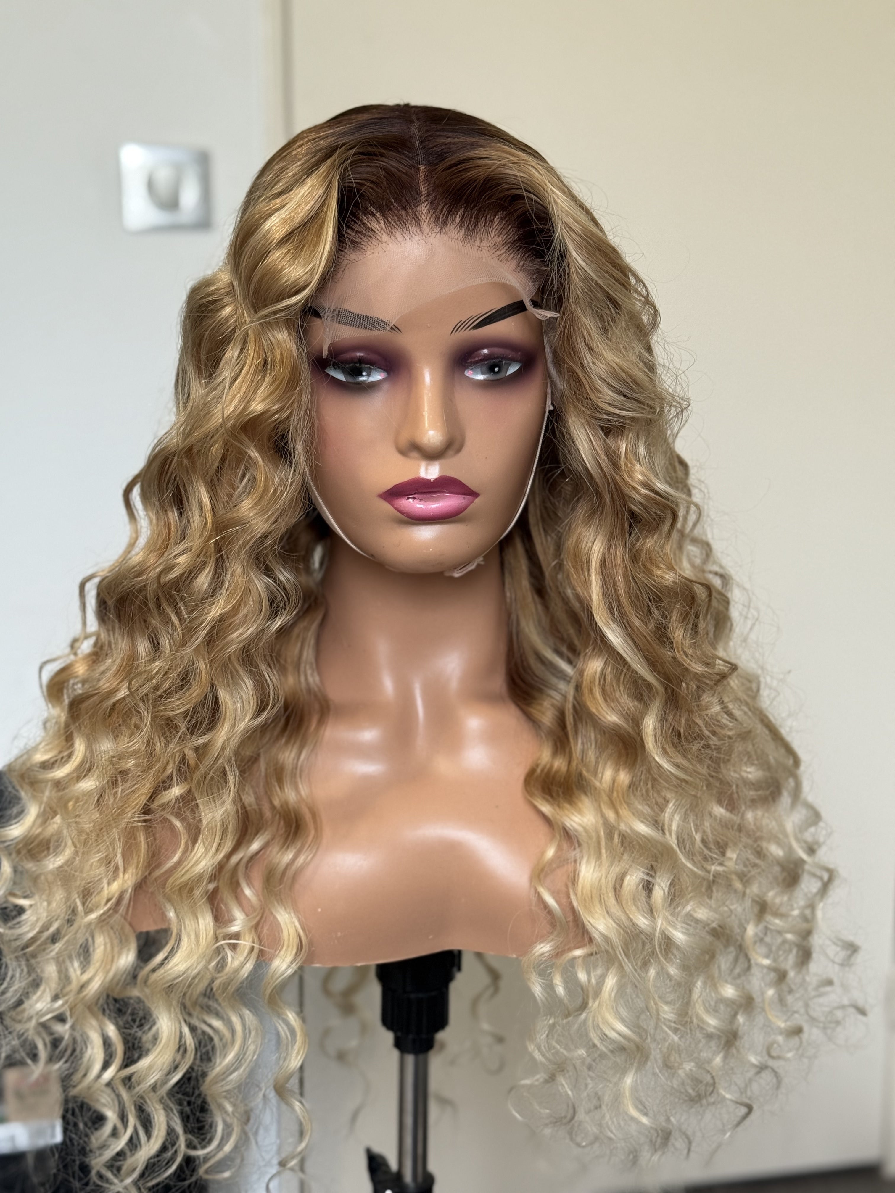 Virgin Hair Wig HD Glueless Lace Front Ombre Blonde Curly Wig
