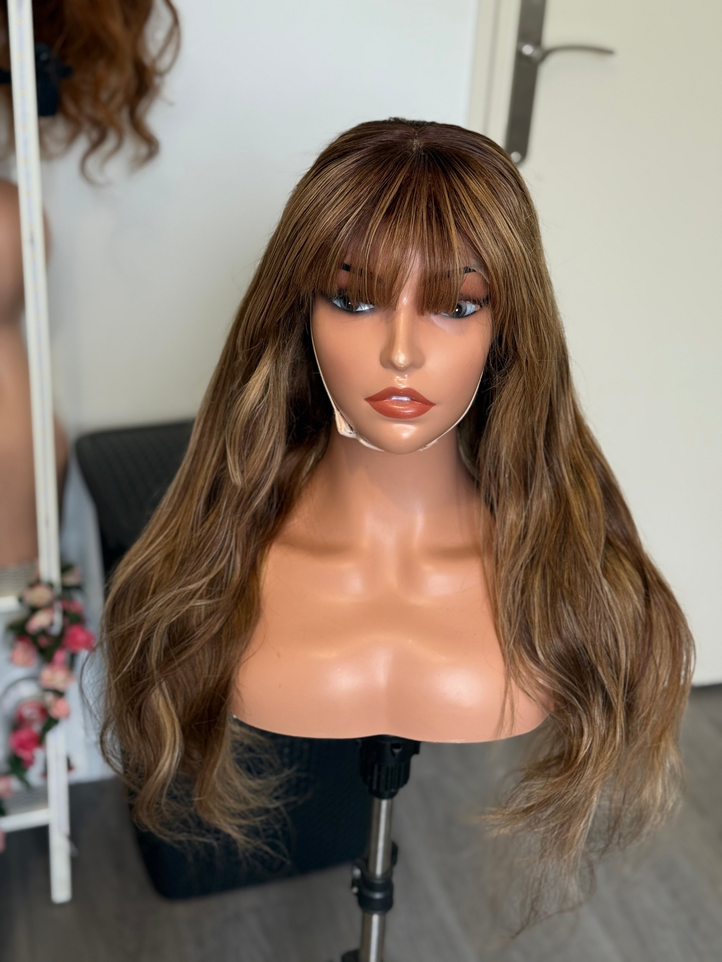 Virgin Hair Wig HD Glueless Highlight Wavy Bangs HD Lace Wig